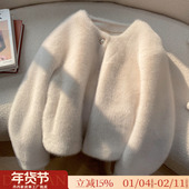 仿天鹅绒貂皮大衣皮毛一体珍珠扣短款 金貂绒环保皮草女冬毛毛外套