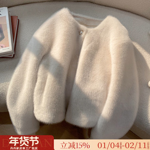 仿天鹅绒貂皮大衣皮毛一体珍珠扣短款金貂绒环保皮草女冬毛毛外套