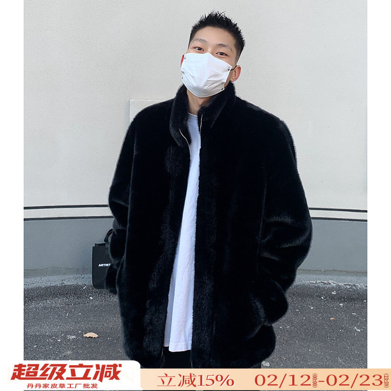 给爸爸带一件男款冬季保暖立领水貂环保皮草貂皮大衣毛毛外套黑色