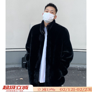 给爸爸带一件男款冬季保暖立领水貂环保皮草貂皮大衣毛毛外套黑色