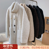 立领抽绳牛角扣中长款 特价 时尚 软糯羊羔毛皮毛一体皮草女毛毛外套