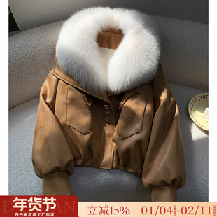 狐狸毛领皮草外套女2025冬季新款蝙蝠袖鹅绒内胆麂皮绒夹克年轻款