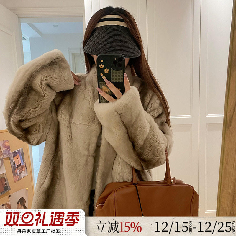 雷克斯整皮獭兔毛小立领短款皮草