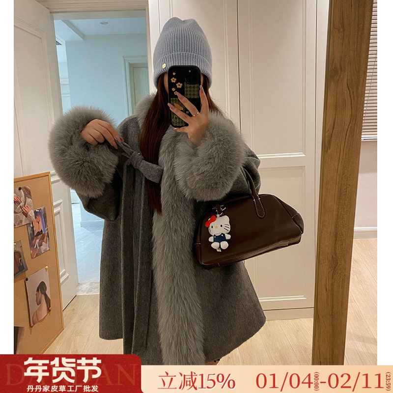 氛围千金蝴蝶结全羊毛双面呢羊绒大衣狐狸毛领皮草女秋冬毛呢外套
