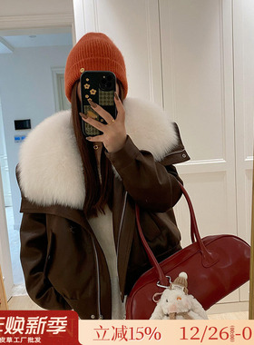 整皮狐狸毛海宁皮草外套女2025冬季新款鹅绒内胆麂皮绒夹克年轻款