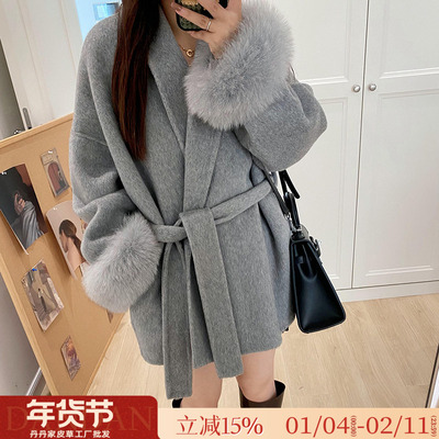 毛呢外套女双面呢羊绒大衣狐狸毛