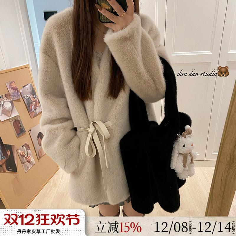 费尔岛拿铁！高级感仿水貂毛皮毛一体环保皮草女 V领系带毛毛外套