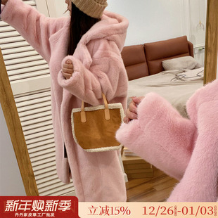 泰迪熊仿天鹅绒貂皮大衣韩版 水貂绒环保皮草女冬毛毛外套 连帽长款