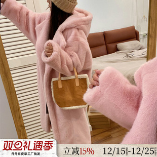 泰迪熊仿天鹅绒貂皮大衣韩版 水貂绒环保皮草女冬毛毛外套 连帽长款