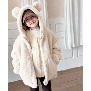 儿童皮草仿水貂毛可爱小熊连帽短款冬季宝宝毛毛外套童装男童女童