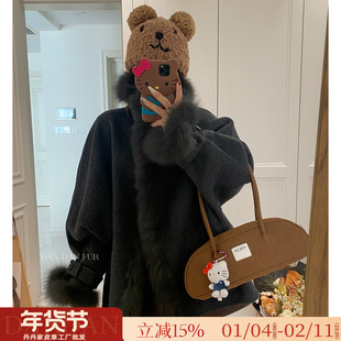 格林威治/轻奢双面呢羊绒大衣狐狸毛领立领蝙蝠袖皮草毛呢外套女