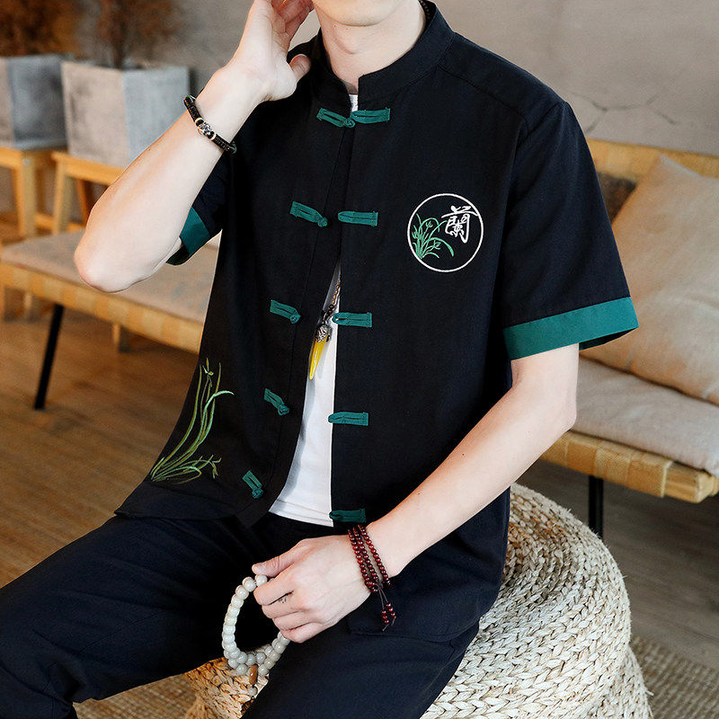 新中式夏季服短袖唐装套装男刺绣立领汉服男九分裤YK122澜-P65,男装休闲套装,星座1206（原A206）