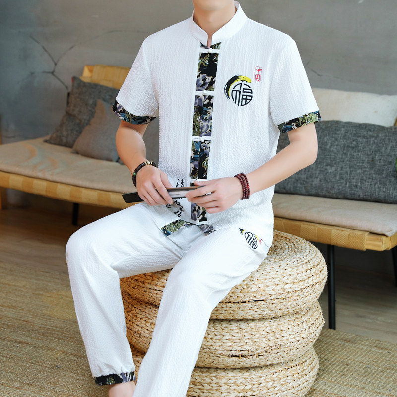 新款风男士开衫棉麻刺绣长裤套装复古两件套男TZ02310-P50,男装休闲套装,星座1206（原A206）