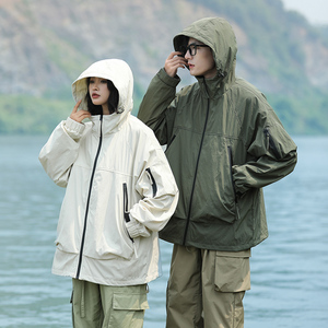 春秋款工装连帽夹克潮流拼色宽松百搭户外冲锋衣外套HS8308-P75