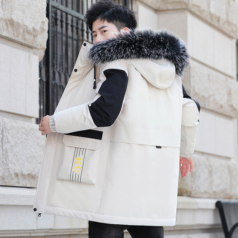 Winter men's cotton padded clothes medium length cotton padded clothes hooded big wool collar cotton padded jacket student thickened warm jacket