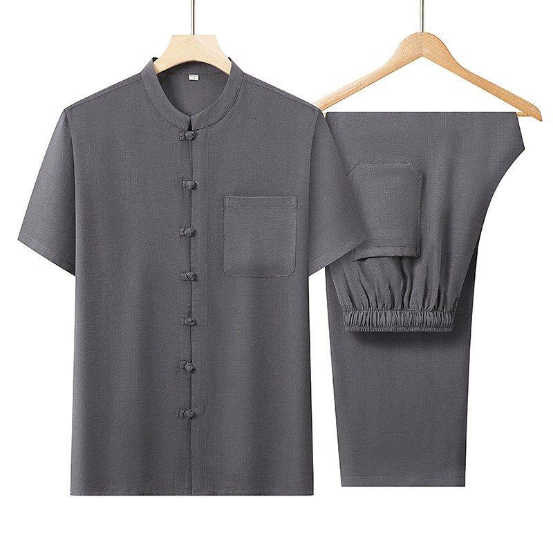 唐装男士夏薄款风亚麻爸爸装中老年爷爷短袖汉服套装HL6949-P98图片