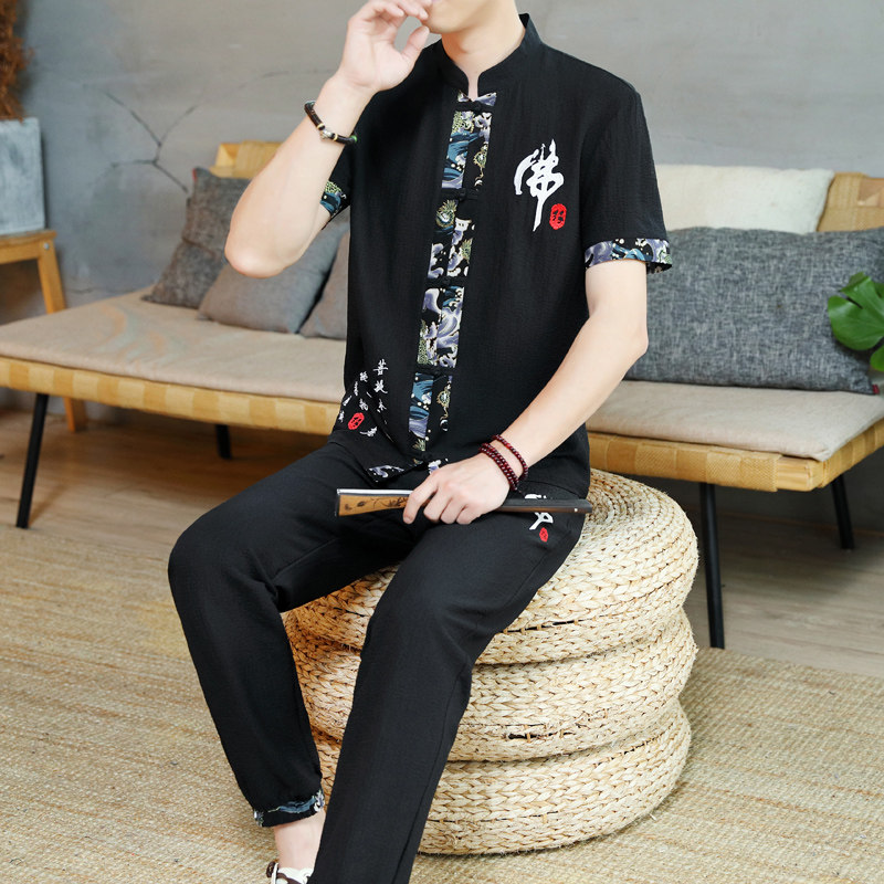 新款风男士开衫棉麻刺绣长裤套装复古两件套男TZ02311-P50,男装休闲套装,星座1206（原A206）