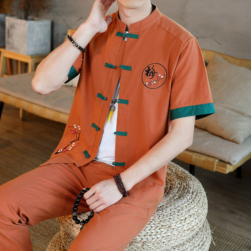 新中式夏季服短袖唐装套装男刺绣立领汉服男九分裤YK121-P65,男装休闲套装,星座1206（原A206）