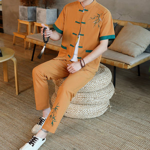 新中式短袖风套装男刺绣仿真丝棉唐装男九分裤  YK123-P65图片
