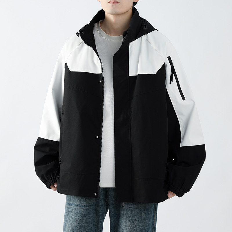 春秋款工装连帽夹克潮流拼色宽松百搭户外冲锋衣外套HS8301-P75,男装夹克,星座1206（原A206）