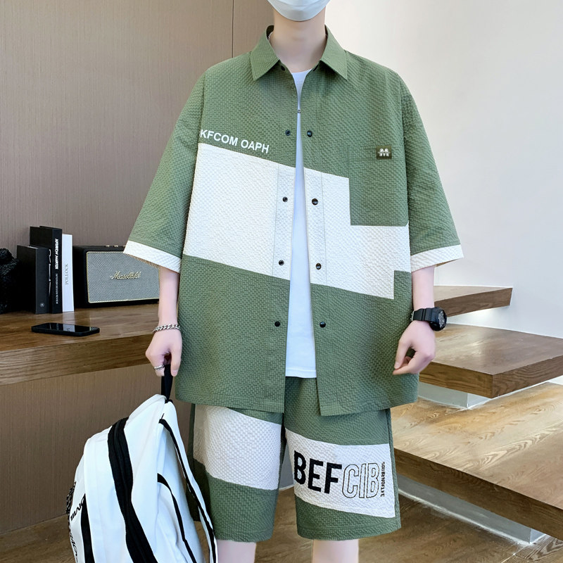 夏季新款套装青少年时尚潮流百搭衬衫短袖短裤套装男HJQ711-P65,男装衬衫,星座1206（原A206）