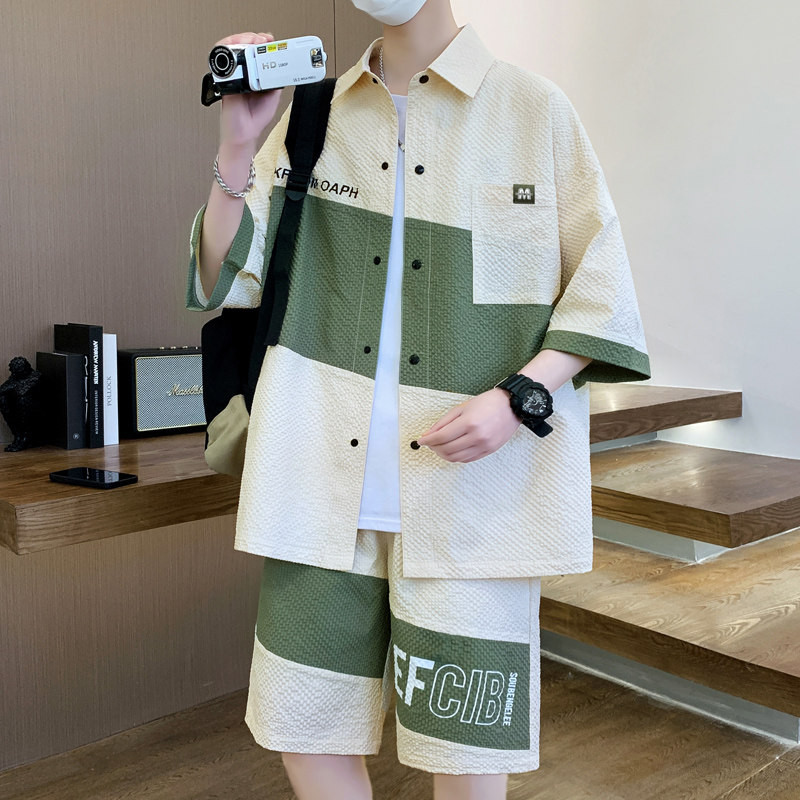 夏季新款套装青少年时尚潮流百搭衬衫短袖短裤套装男HJQ711-P65,男装衬衫,星座1206（原A206）
