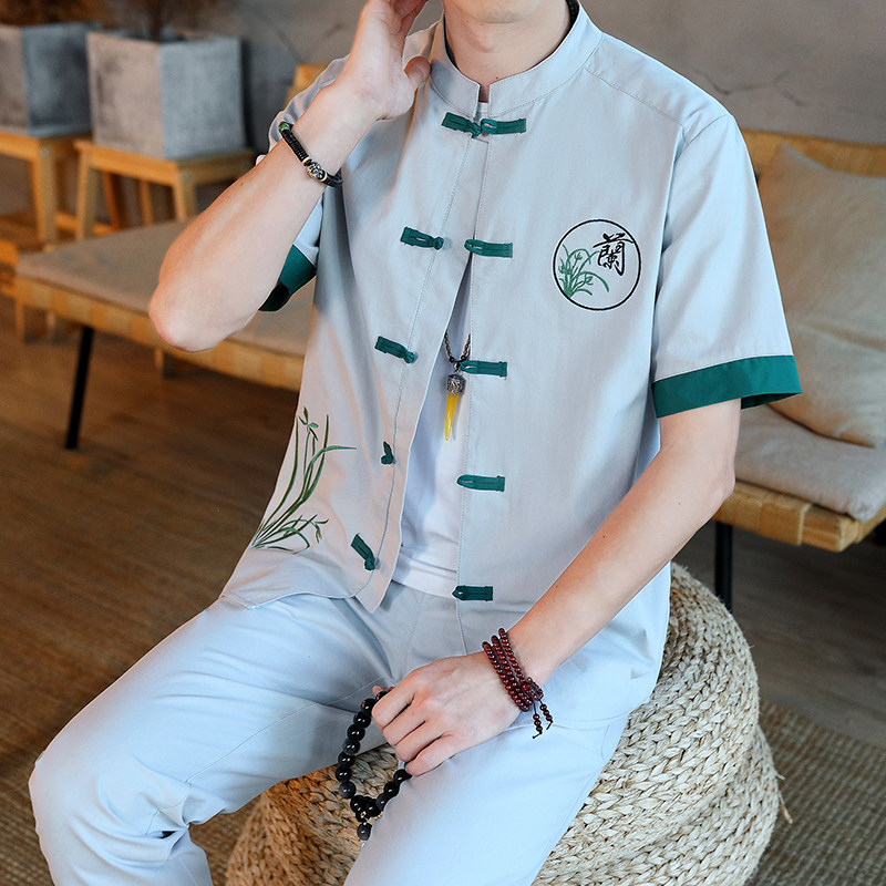 新中式夏季服短袖唐装套装男刺绣立领汉服男九分裤YK122澜-P65,男装休闲套装,星座1206（原A206）