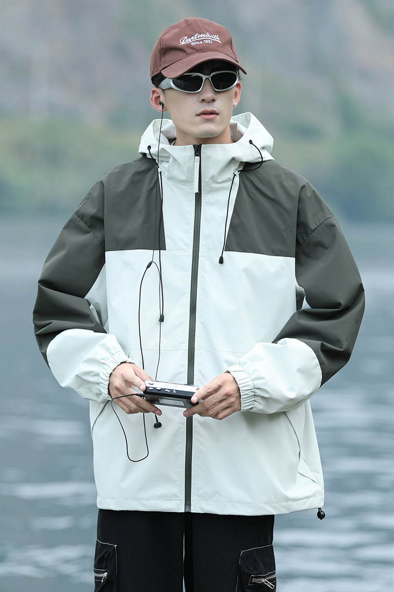 春秋款工装连帽夹克潮流拼色宽松百搭户外冲锋衣外套HS8307-P75,男装夹克,星座1206（原A206）