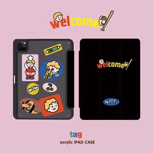 和风猫饭可爱标签原创适用iPad保护壳黑色23款笔槽Pro11寸12.9寸mini6亚克力磁吸pro11寸air4/air5
