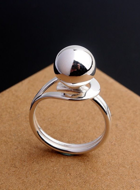 99足银开口戒指有求必应光面纯银个性女网红圆珠银球时尚潮流单戒