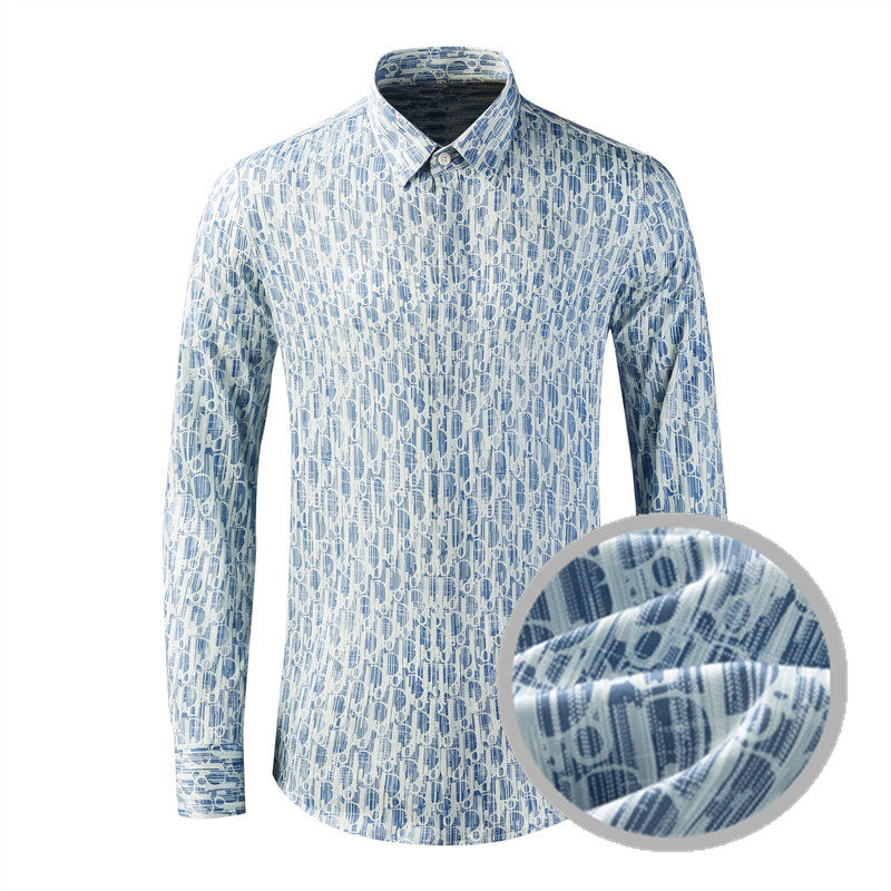 欧美轻奢男装全身字母印花全棉长袖衬衫高级感商务休闲修身衬衣潮