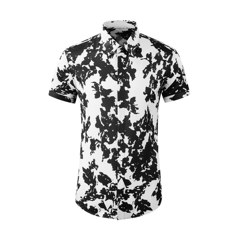欧美轻奢男装满身黑白几何印花短袖衬衫高端修身免烫抗皱半袖衬衣
