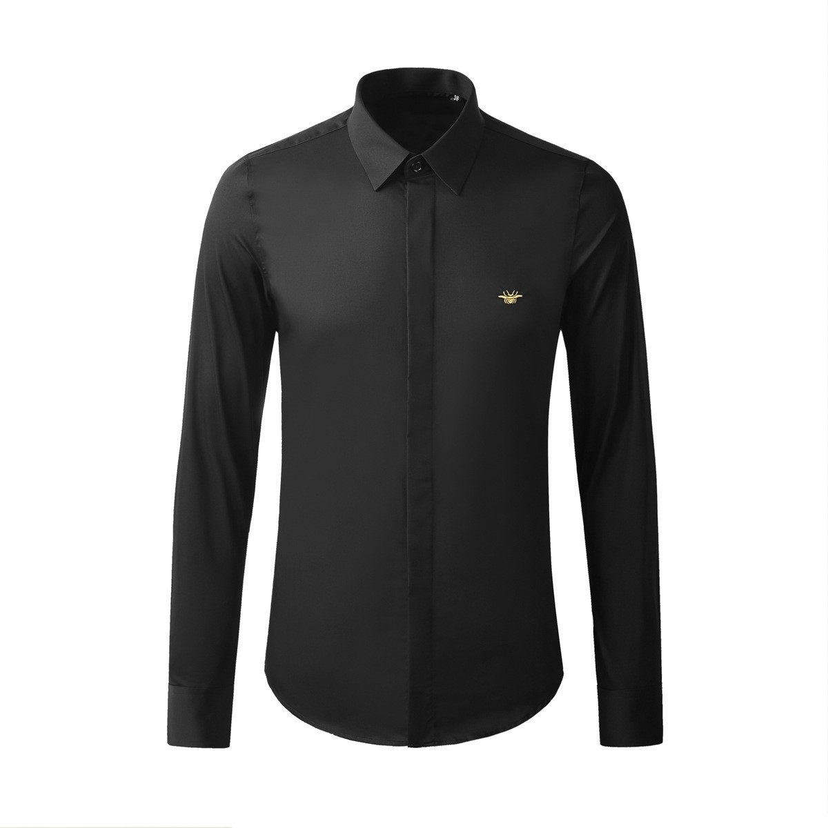 欧美轻奢男装金色小蜜蜂刺绣纯色长袖衬衫商务净色修身纯棉衬衣潮