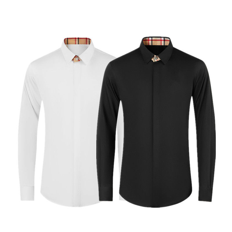 欧美轻奢男装领口袖子格子拼接贴布长袖衬衫高端商务休闲修身衬衣