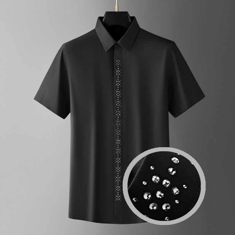 欧美轻奢男装门襟烫水钻亮钻短袖衬衫高级感透气时尚修身半袖衬衣