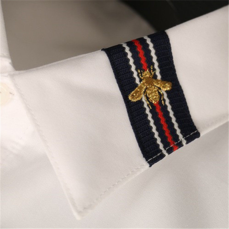 欧美轻奢领子金色小蜜蜂刺绣长袖衬衫袖口条纹织带商务修身衬衣男