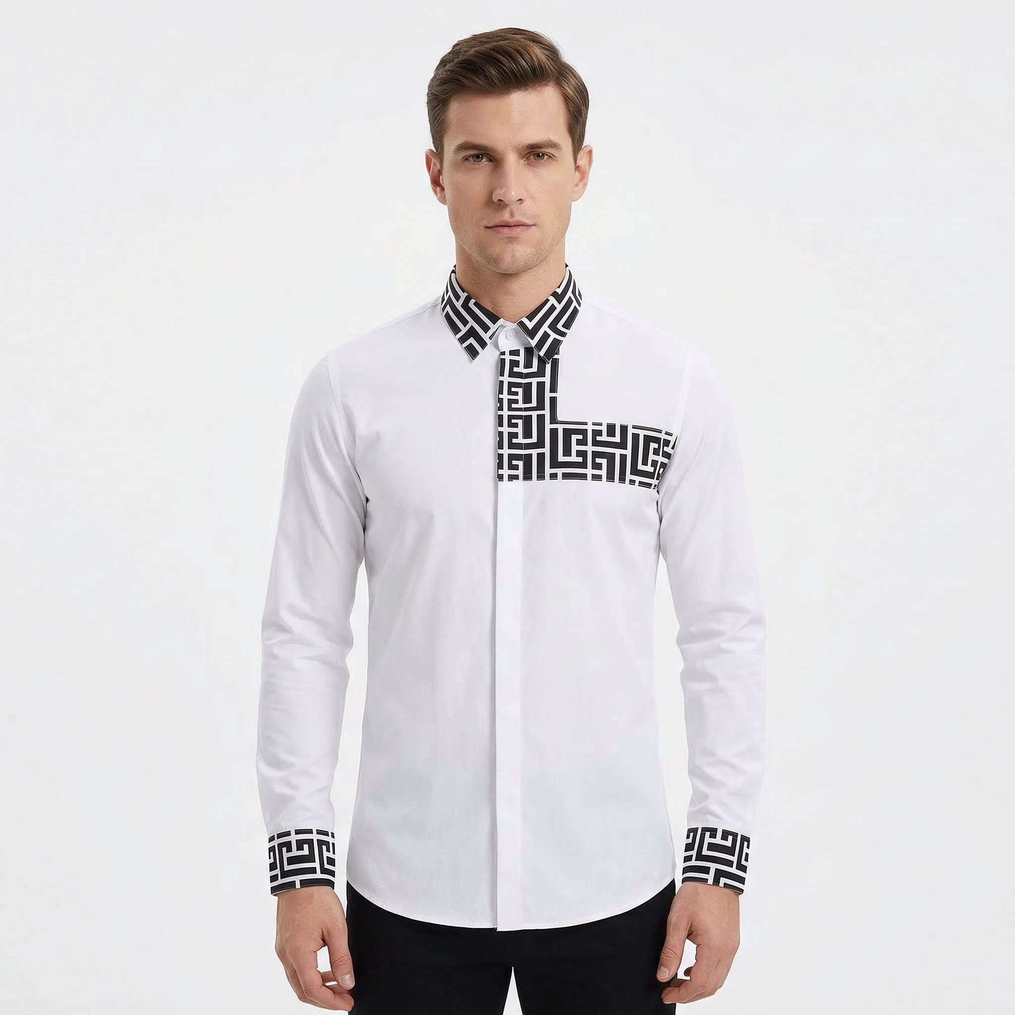 欧美轻奢男装领子袖口几何字母拼接长袖衬衫高级感商务修身衬衣潮