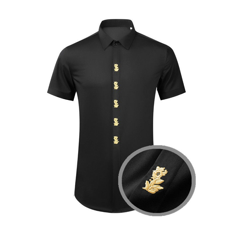 欧美轻奢男装五朵金色玫瑰花刺绣短袖衬衫高级感透气修身半袖衬衣