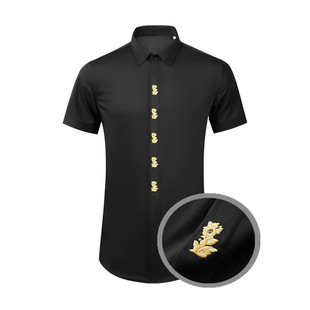 欧美轻奢男装五朵金色玫瑰花刺绣短袖衬衫高级感透气修身半袖衬衣