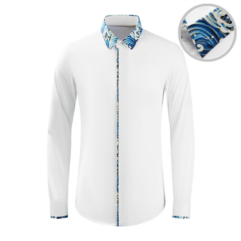 欧美轻奢男装领子门襟袖口浪花提花长袖衬衫高端商务时尚修身衬衣