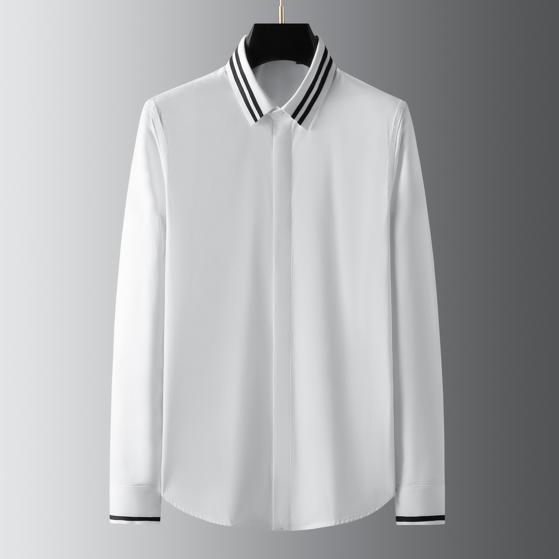 欧美轻奢潮牌男装领子袖口黑白织带拼接长袖衬衫商务时尚修身衬衣
