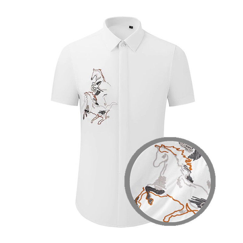 欧美轻奢男装奔马刺绣飞马绣花短袖衬衫高级感修身透气半袖衬衣潮