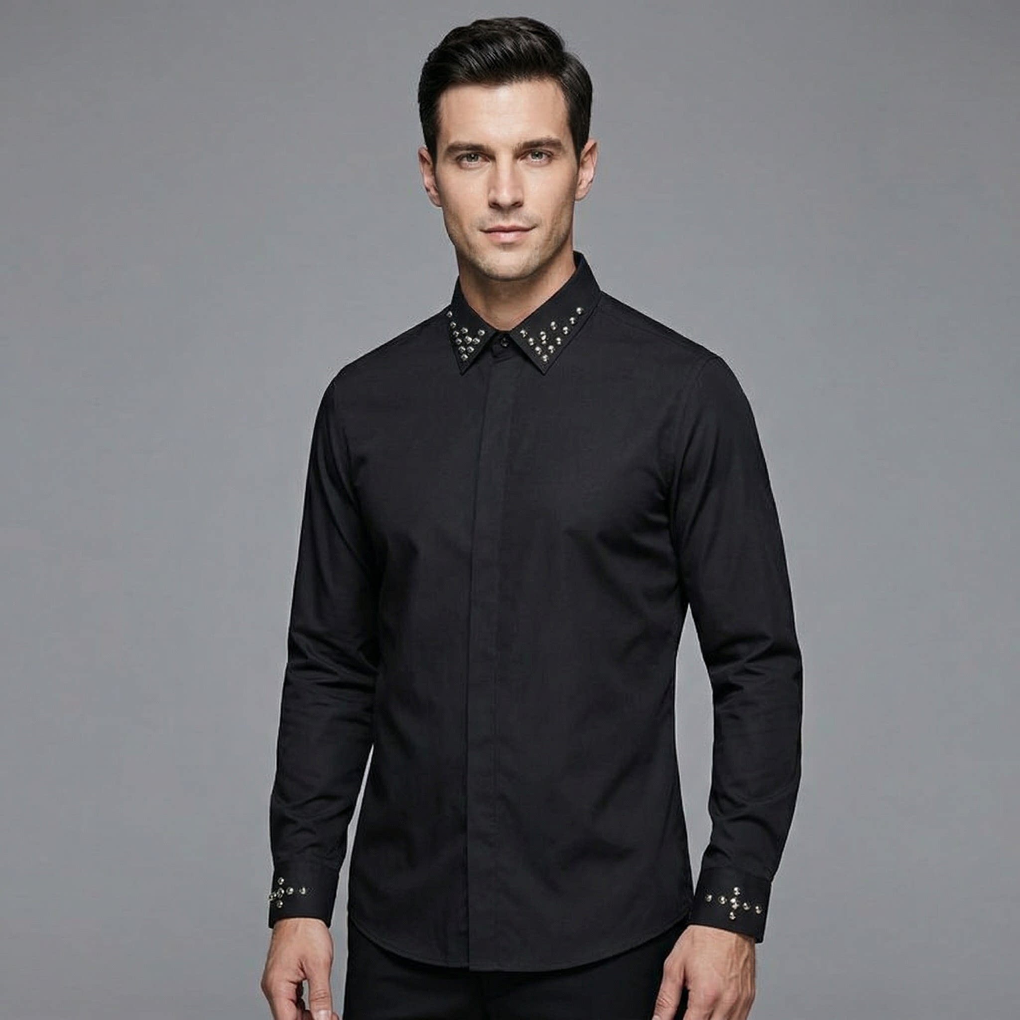 欧美男装领子袖口进口合金骷颅头铆钉长袖衬衫朋克休闲修身衬衣潮