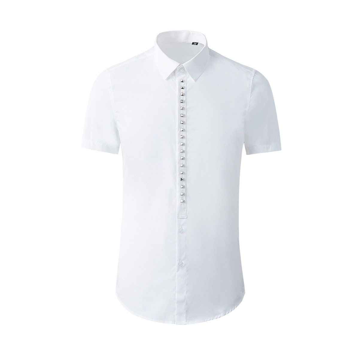 欧美轻奢潮牌男装门襟金属铆钉短袖衬衫修身商务休闲黑白纯棉衬衣