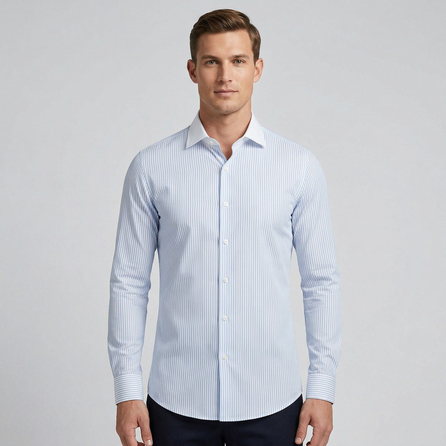 欧美轻奢男装白领温莎领蓝色竖条纹长袖衬衫商务透气纯棉修身衬衣