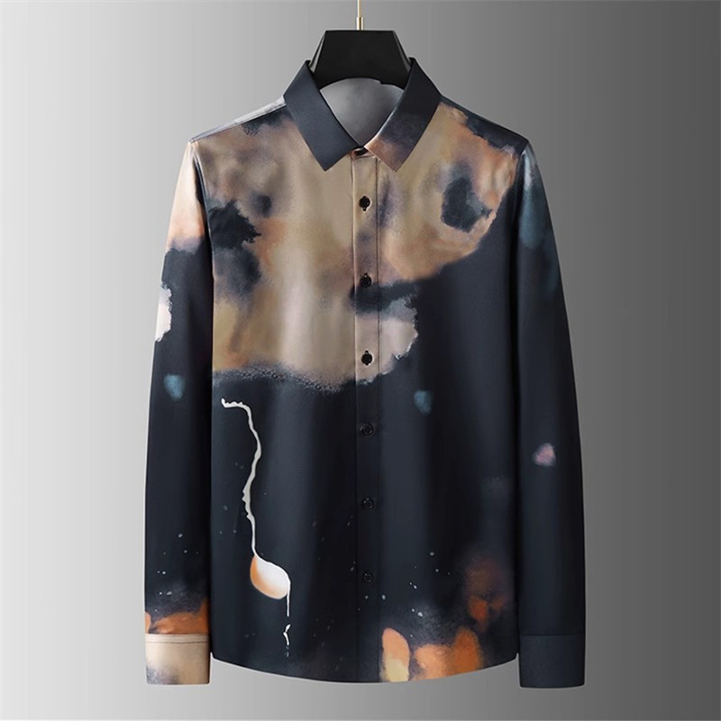 欧美轻奢男装半边月球数码印花水墨画长袖衬衫高级感免烫修身衬衣