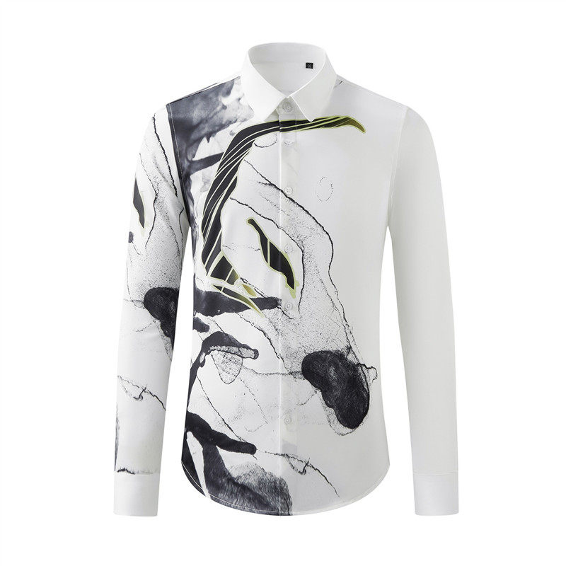 欧美轻奢男装水墨画马头印花长袖衬衫垂感高端抗皱免烫修身衬衣潮