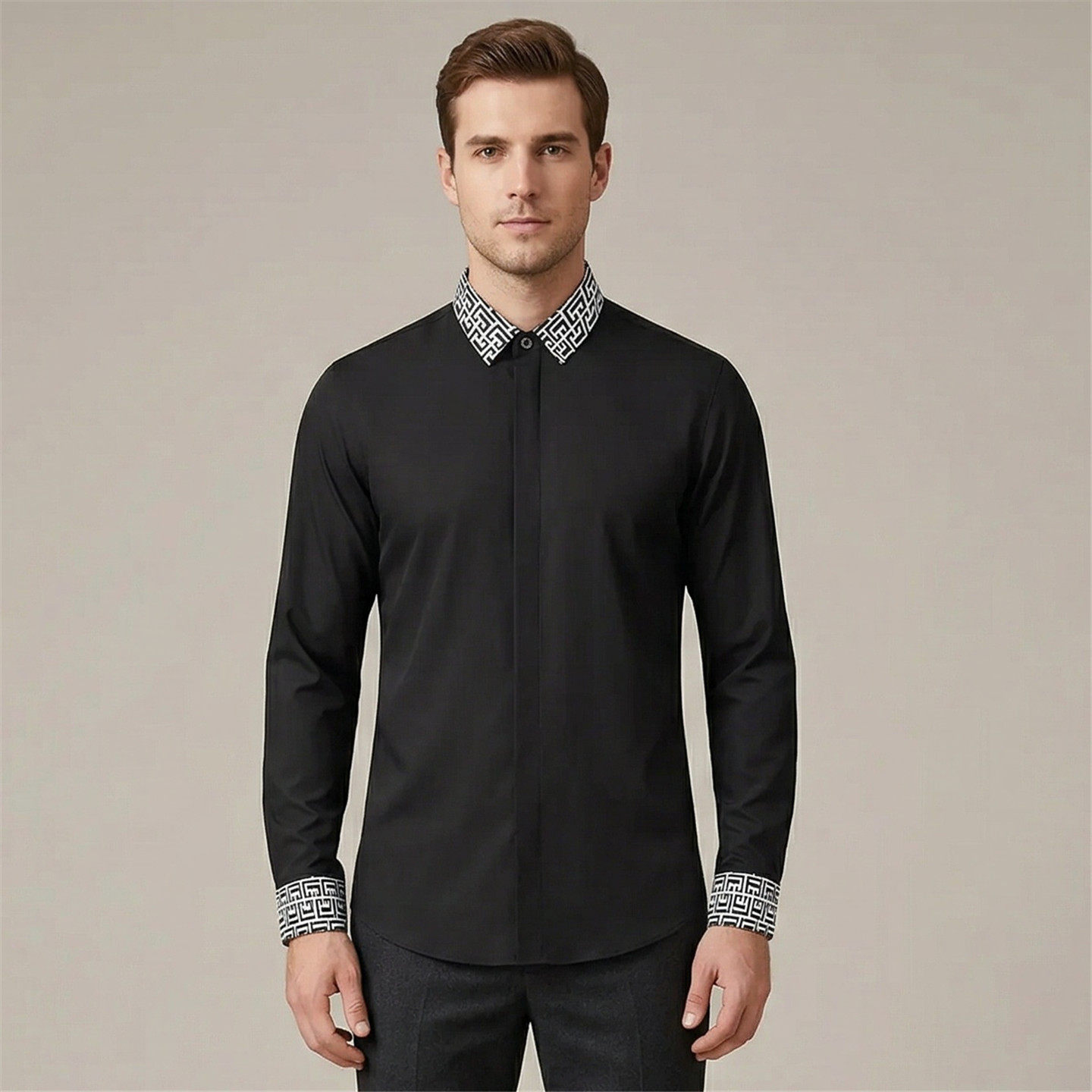 欧美轻奢男装领口袖口小回纹数码印花长袖衬衫高级感商务修身衬衣