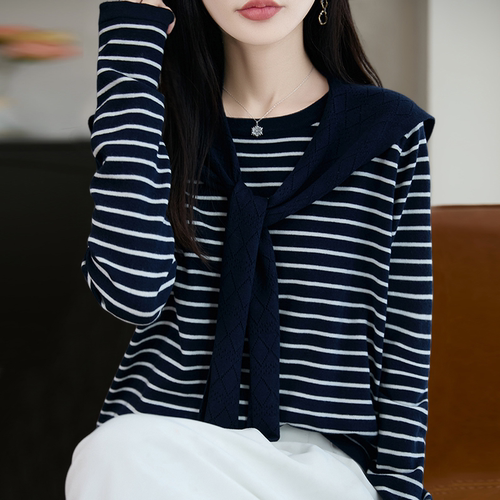 撤柜撤标(A)披肩条纹针织打底衫女春秋洋气上衣大码女装秋冬毛衣