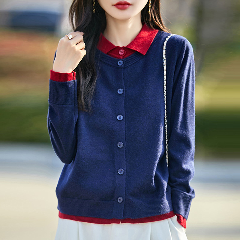 撤柜撤标(A)假两件娃娃领撞色针织开衫外套女款外穿大码女装毛衣